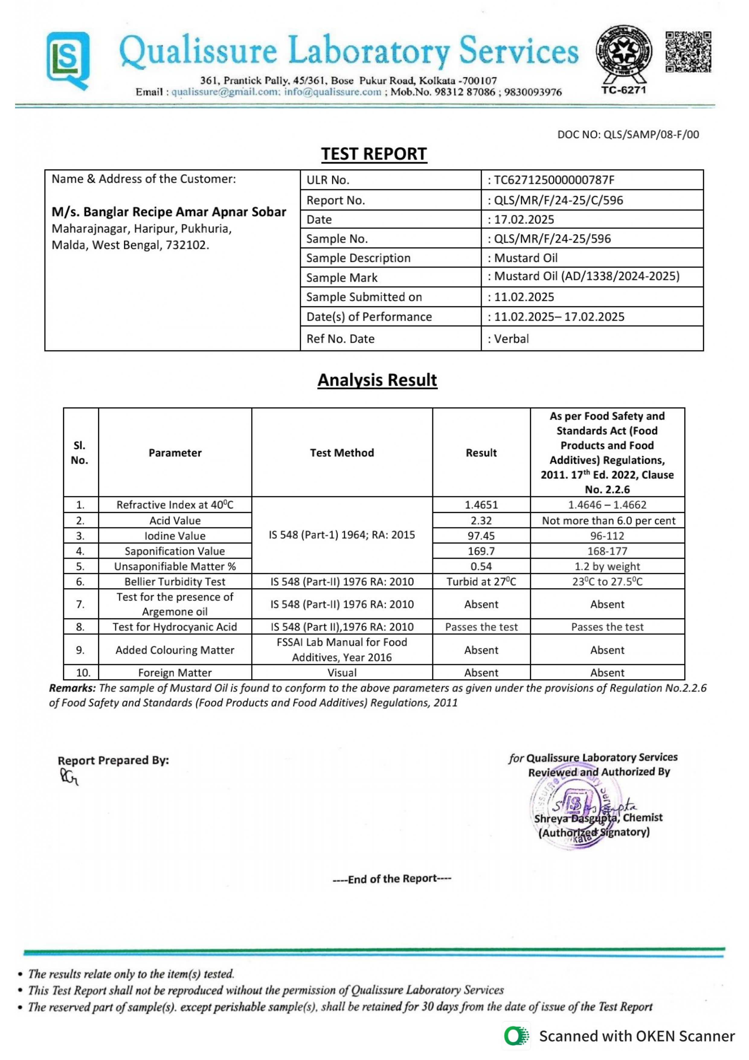 Mustard Oil Test Report