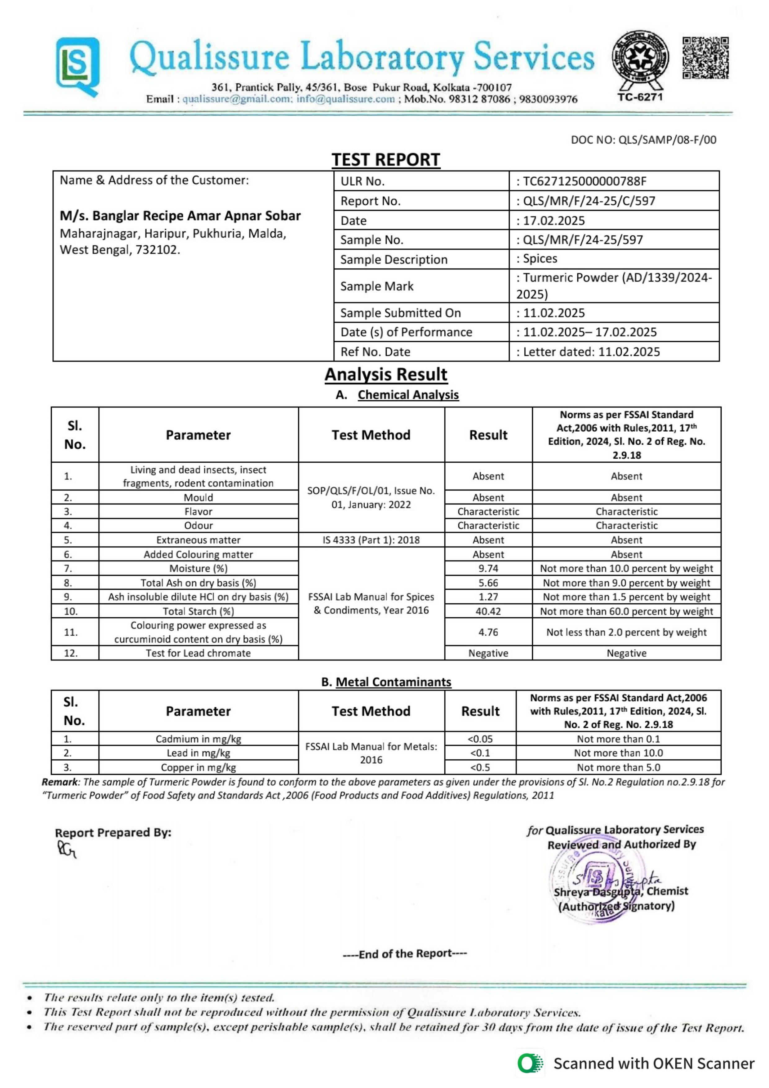 Turmeric Powder Test Report